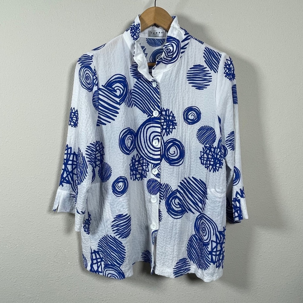 Terra SJ Apparel‎ Top Womens Large Blue White Geometric Art To Wear Lagenlook L